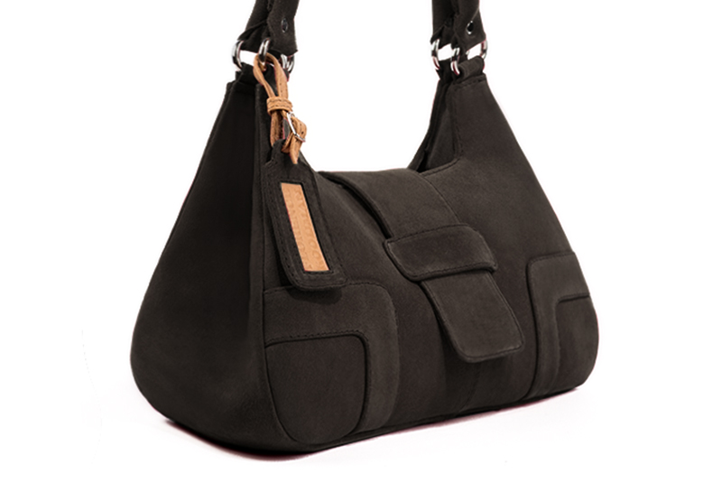 Dark brown women's dress handbag, matching pumps and belts. Front view - Florence KOOIJMAN